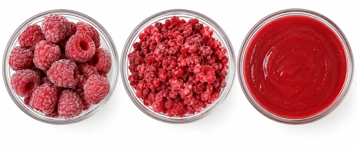 Whole raspberries, crumble and screened puree in separate bowls.