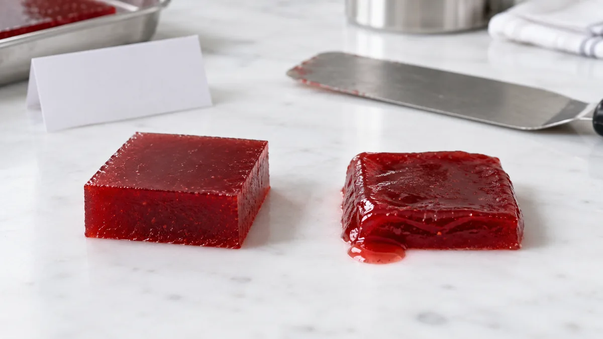 Firm clean-cut fruit gel beside a soft weeping trial sample