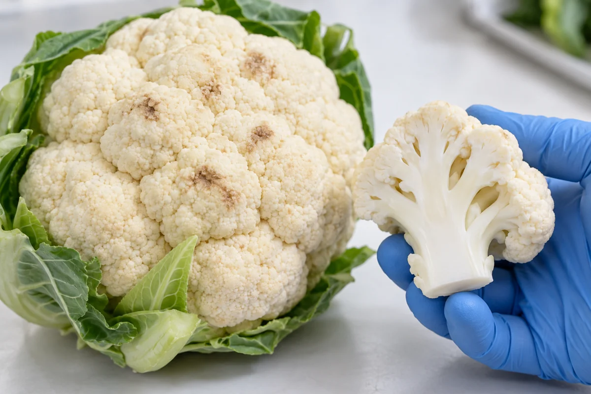 Cauliflower head and cut floret examined for surface marks